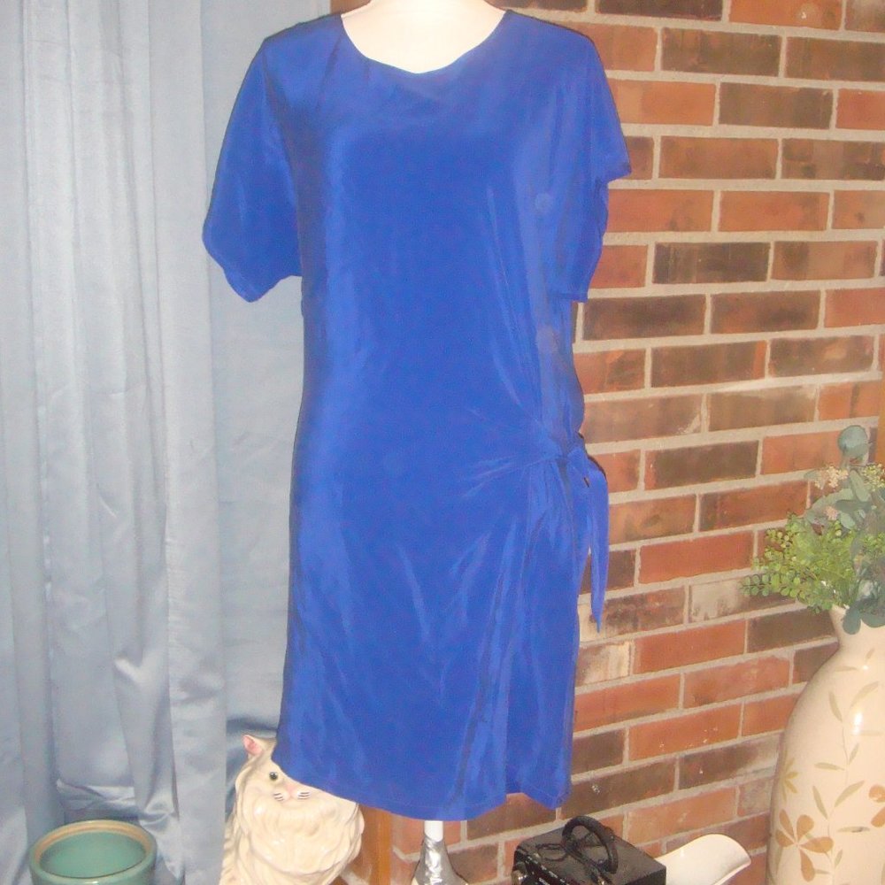 Toudy Blue Silk Tie Side Detail Popover Dress M/L